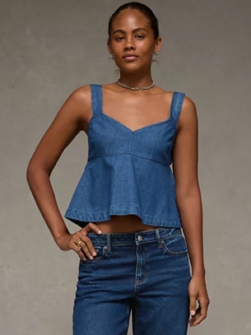 American Eagle Denim Bow Back Tank Top Medium M Smocked